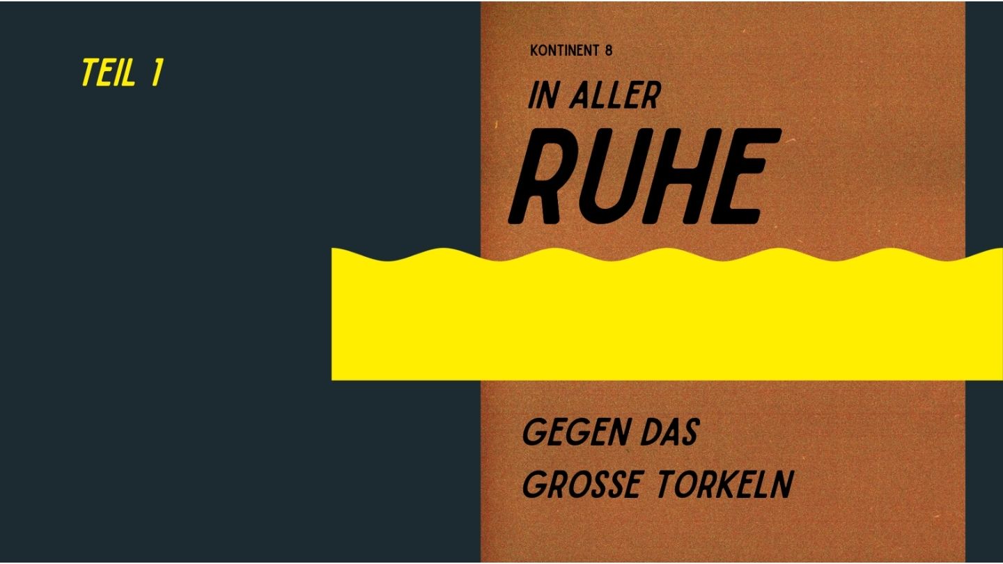 Beitragsbild Teil 1 der Serie "In stressigen Zeiten" — In aller Ruhe. Rostbrauner Hintergrund mit gelbem Wellenband, dunkler Seitenstreifen mit Teilnummer.