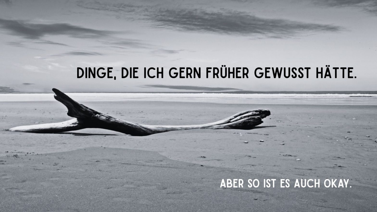 Treibholz am Strand mit dem Titel „Dinge, die ich gern früher gewusst hätte. Aber so ist es auch okay.“